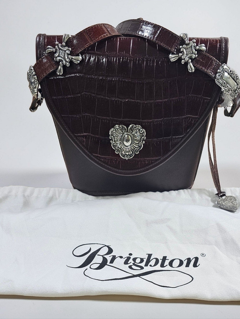 Vintage Brighton Croc Embossed Leather Crossbody Western Heart Charm + Dust Bag - Picture 4 of 10